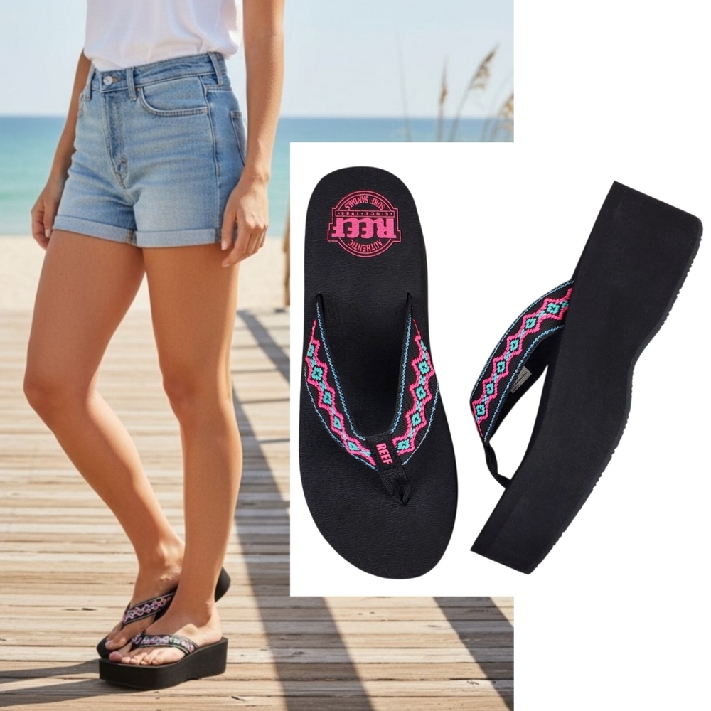 New Reef Sandy hi platform sandals black Malibu comfort summer bohemian beach